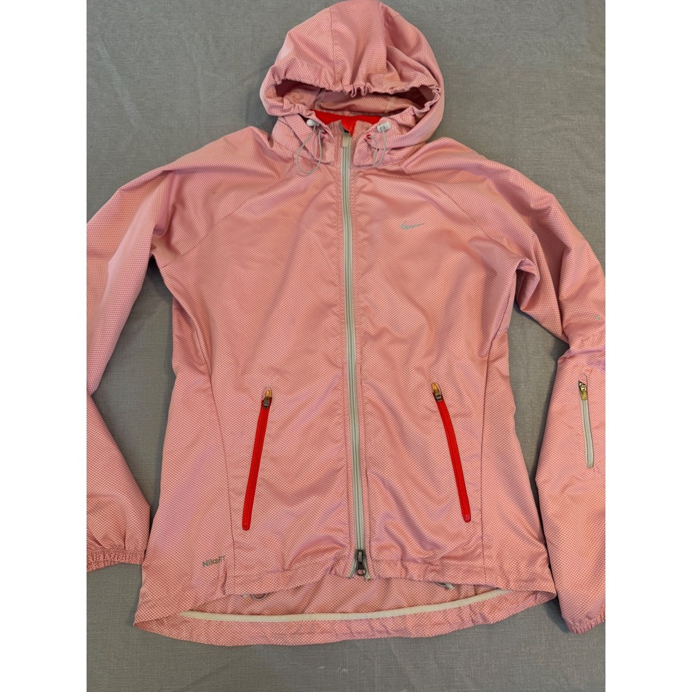 Nike Fit Storm Womens Pink Checkered Full Zip Hooded Running Jacket Size S